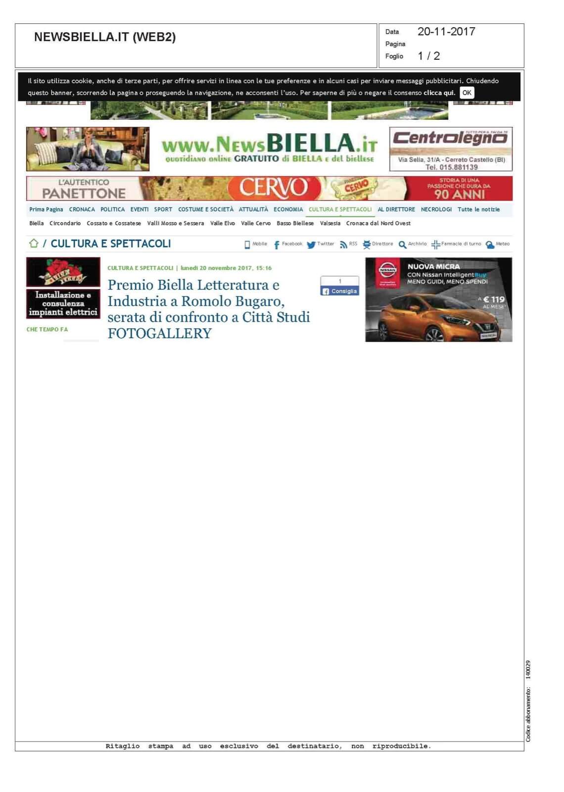 PREMIO BIELLA LETTERATURA E INDUSTRIA A ROMOLO BUGARO, SERATA DI CONFRONTO A CITTA' STUDI | Premio Biella Letteratura Industria
