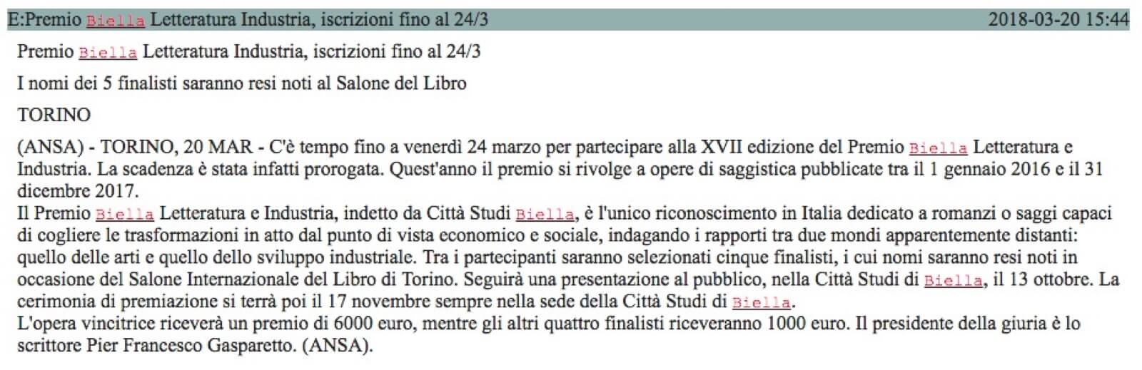 ANSA - Premio Biella Letteratura e Industria, iscrizioni fino al 24/3 | Premio Biella Letteratura Industria